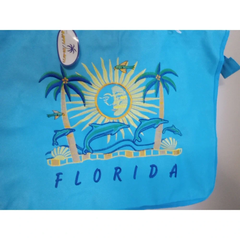 Happy Island Teal Blue Embroidery Florida Dolphins Palm Trees Canvas Bag 20x15x4